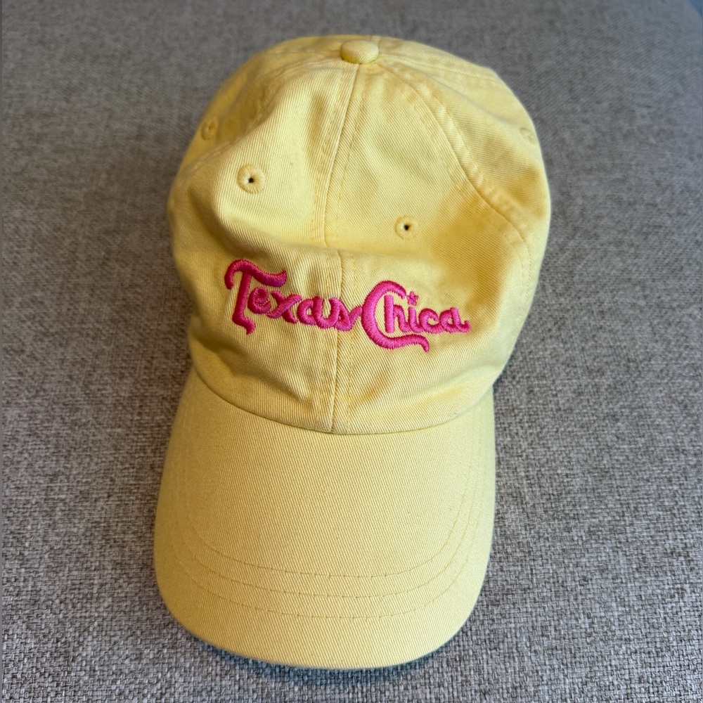 Texas Chica hat Yellow and Pink.  Topo Chico Style lettering